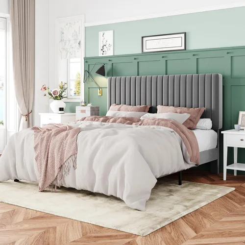 Miniatura 11 de Allewie - Base de cama tamaño King con cabecera acolchada tapizada en terciopelo y diseño acanalado vertical ajustable; plataforma de cama con base