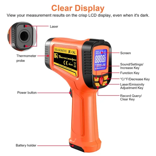 Miniatura 8 de Pistola de termómetro infrarrojo digital de -58°F a 2732°F, pistola de temperatura láser de relación de distancia 50:1 con medición y alarma