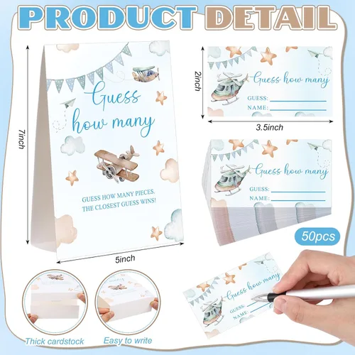 Miniatura 2 de Airplane Adventure Guess How Many Baby Shower Game Paquete de 1 letrero de mesa con soporte y 50 tarjetas de cuántas tarjetas, decoración