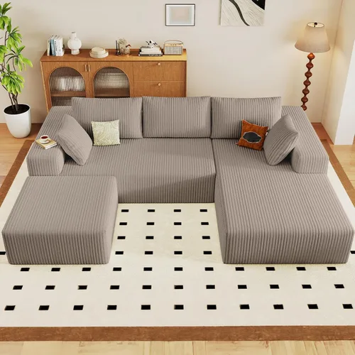 Miniatura 33 de Sofá modular Cloud de 95 pulgadas con otomana, moderno sofá nube en forma de U con asiento profundo, cómodo sofá de pana de 3 plazas, sofá de espuma
