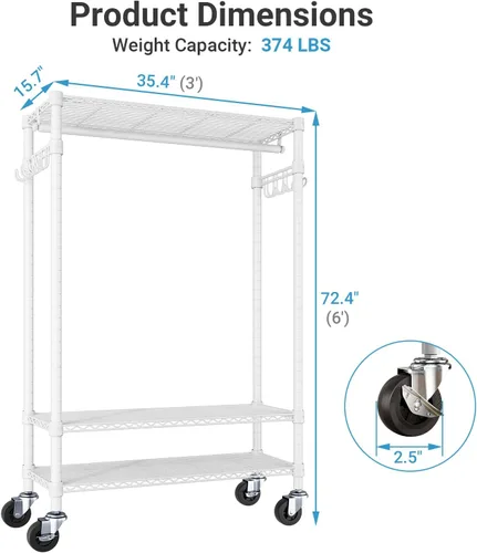 Miniatura 5 de VIPEK R3 - Percheros medianos con ruedas con cerradura, perchero resistente con estantes ajustables, barra para colgar y ganchos laterales, Negro