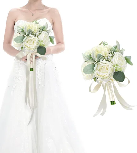 Miniatura 29 de Juego de 4 ramos para dama de honor para boda - Ramos de flores artificiales de 7 pulgadas para decoración de centros de mesa de ceremonia y Azul