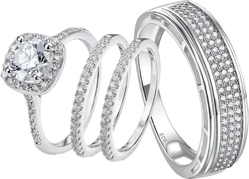 Juego de anillos de boda chapados en oro de 18 quilates con circonita cúbica redonda de 2 quilates para hombre, plata de ley, anillos para pareja,