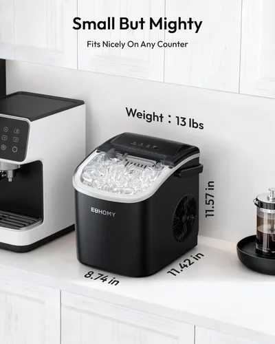 Miniatura 7 de EUHOMY Máquina para hacer hielo para encimera con asa, 26.2 libras por día, 9 cubos de bala en 6 minutos, máquina de hielo portátil autolimpiante