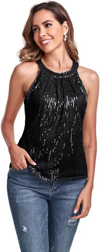 Miniatura 2 de Fenyong Camiseta sin mangas con cuello halter de lentejuelas para mujer, elegante, brillante, para fiesta, club, concierto, cóctel, camisola