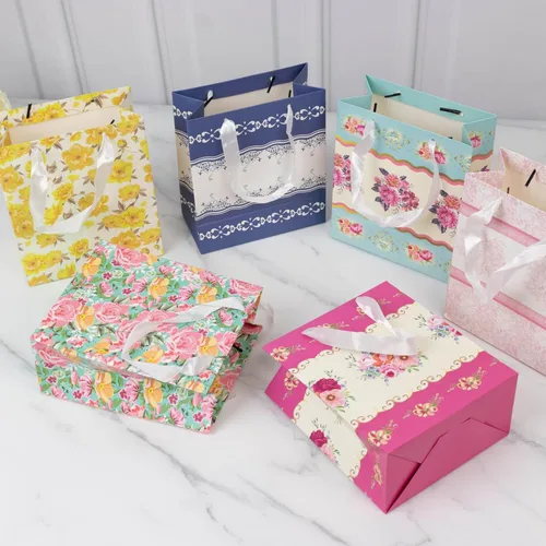 Miniatura 3 de Efavormart - Paquete de 12 bolsas de regalo de fiesta de té floral vintage de 6 x 7 x 3 pulgadas, bolsas de papel con asas de cinta para recuerdos