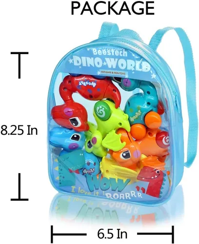 Miniatura 6 de Beestech Juguetes de dinosaurio de cuerda para niñas de 3, 4, 5, 6 años Suministros de fiesta de cumpleaños de dinosaurios, con mochila