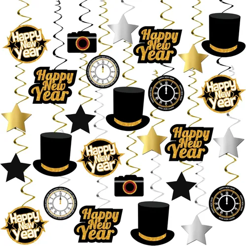 KatchOn, Remolinos colgantes de feliz año nuevo, paquete de 30, sin bricolaje | Suministros para fiesta de Año Nuevo 2026 | Decoraciones de Año