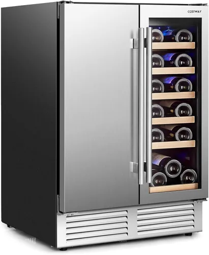 COSTWAY Refrigerador de vino y bebidas, enfriador de bebidas de doble zona de 24 pulgadas con cerradura, puerta de acero inoxidable, refrigerador de