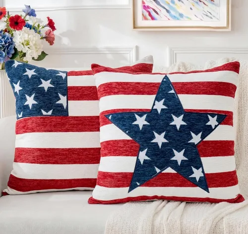Miniatura 12 de Juego de 2 fundas de almohada patrióticas de felpilla con estrellas geométricas, 18 x 18 pulgadas, decoración americana para el día