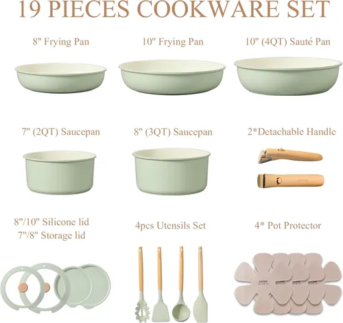 Miniatura 2 de CAROTE Juego de ollas y sartenes, juego de utensilios de cocina antiadherentes, mango desmontable, 19 piezas de utensilios de cocina de inducción