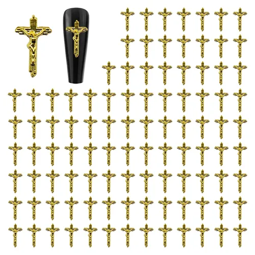 WOKOTO 100 dijes de uñas de crucifijo dorado 3D para arte de uñas 3D, dijes de uñas de metal dorado para decoración de uñas, accesorios de bricolaje
