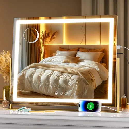 Miniatura 17 de Hasipu Espejo de tocador con luces, espejo de maquillaje LED de 24.2 x 19.7 pulgadas, espejo iluminado con aumento de 10 veces y USB, soporte