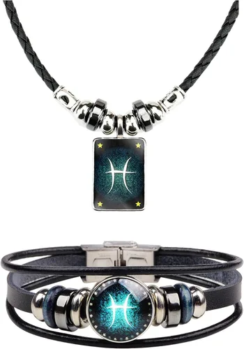Juego de 2 pulseras y collar del zodiaco para hombres, joyería de signo del zodiaco, constelaciones de cuero, pulsera del zodiaco para hombres,