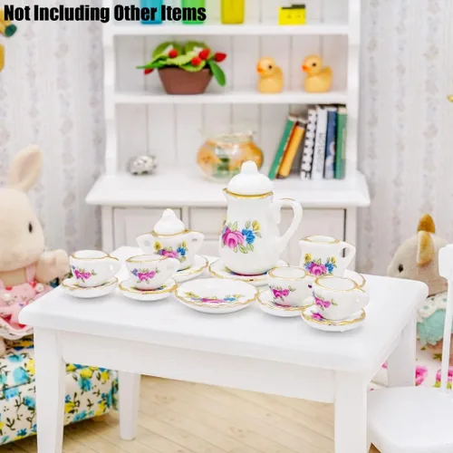 Miniatura 6 de Odoria Juego de té de porcelana en miniatura 1/12, 15 piezas, accesorios de decoración de casa de muñecas, flor rosa