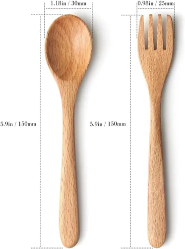 Miniatura 2 de YFWOOD 4 utensilios para niños pequeños, tenedores y cucharas de madera natural, esenciales para la alimentación del bebé, cubiertos seguros