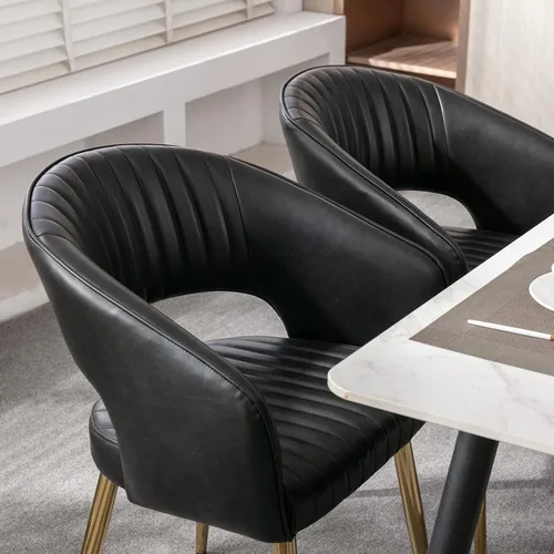 Miniatura 7 de Juego de 2 sillas de comedor modernas, tapizadas de piel sintética dorada con respaldo hueco, sillas de cocina con reposabrazos decorativos