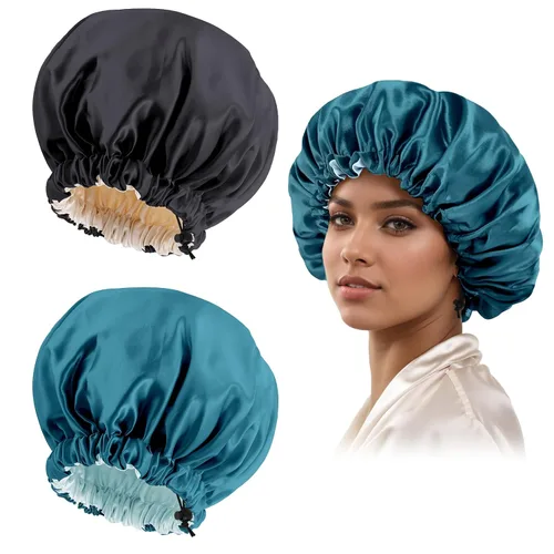 Miniatura 23 de Gorro de seda de satén para cabello rizado, gorro trenzado para dormir, para mujer, grande, doble capa ajustable (2 unidades, negro)