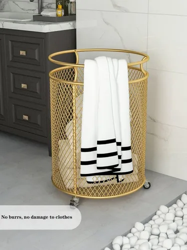 Miniatura 4 de Cesta de lavandería con ruedas, cesta de metal para organizador de habitaciones, contenedores de almacenamiento de ropa sucia de malla redonda