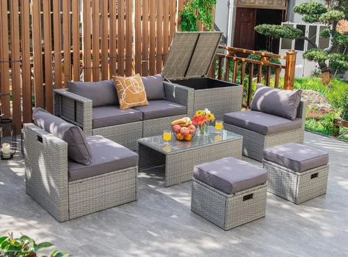 Miniatura 23 de Tangkula Patiojoy - Juego de muebles de patio de 8 piezas, sofá seccional de ratán PE para 6 personas con funda impermeable, para jardín, cubierta