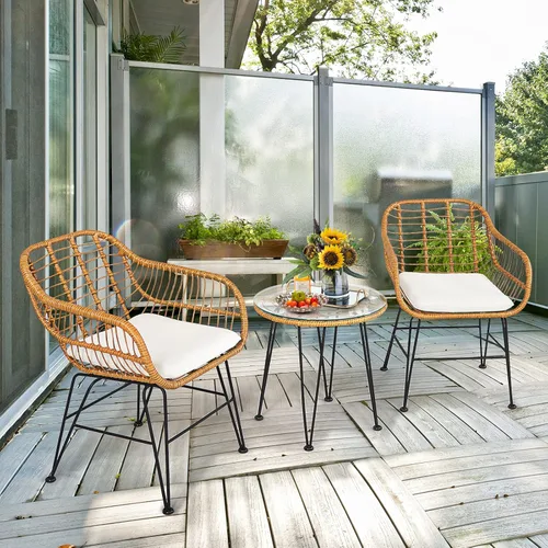 Miniatura 2 de Tangkula Juego de 3 piezas de patio bistró, juego de conversación de ratán con 2 sillones acolchados y mesa de centro redonda de cristal, juego