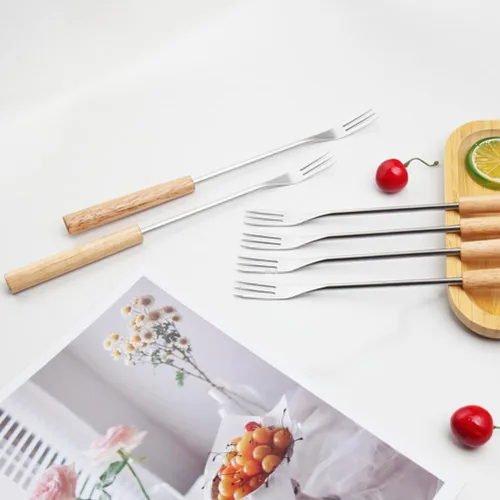 Miniatura 6 de Juego de 6 tenedores para fondue de acero inoxidable con asas de madera de 10.23 pulgadas de largo, tenedores de chocolate y queso para fiestas