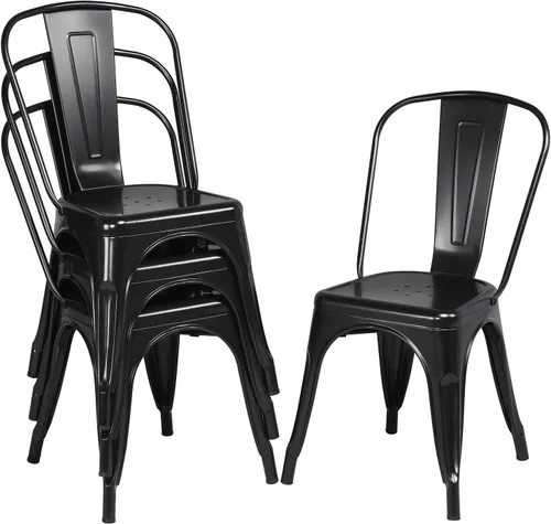 Topeakmart Juego de 4 sillas de comedor de metal con respaldo alto, sillas industriales negras para interiores y exteriores, elegante comedor,