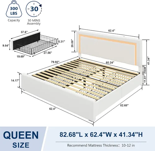 Miniatura 2 de Base de cama Queen con cabecera ajustable, plataforma tapizada con luces LED RGB, 4 cajones de almacenamiento y estación de carga (1 USB 1 tipo C)