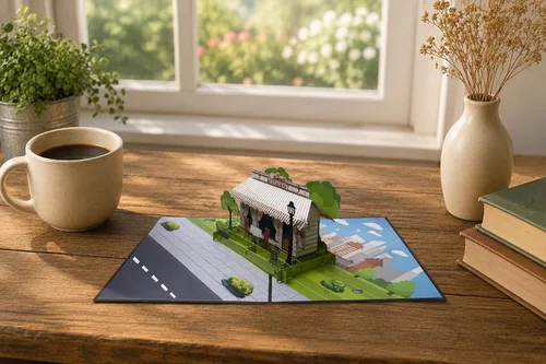 Miniatura 2 de ETA Tarjeta de felicitación desplegable 3D – escena de café y restaurante con comedor al aire libre, arte de papel hecho a mano, cumpleaños