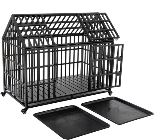 Miniatura 3 de Jaula de perro resistente de 52 pulgadas, jaula grande para perros, perreras y jaulas de metal fuerte para perros grandes con 4 ruedas con cerradura