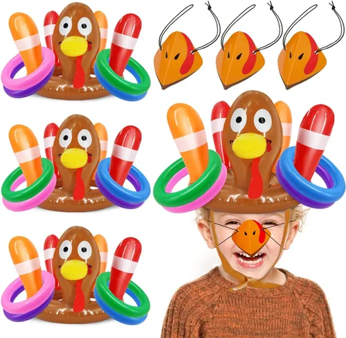Paquete de 3 juegos de lanzamiento de anillos de Acción de Gracias, juguetes inflables para niños, juegos de lanzamiento de sombrero de pavo