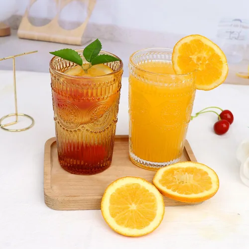 Miniatura 8 de Loivttvv Juego de 6 vasos de bebida vintage, vasos de Highball de 12 oz / 354.83 ml en ámbar, vasos de cristal acanalados con relieve para cóctel