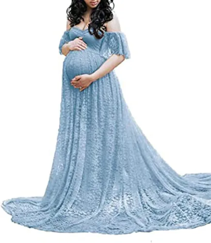 Miniatura 2 de Vestido de maternidad para mujer, con encaje, fotografía, vestido de embarazada, con volantes, largo, para sesión de fotos