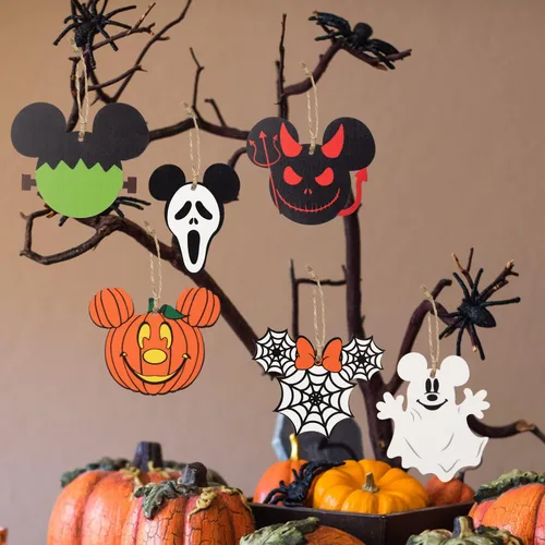 Miniatura 6 de 46 piezas adornos colgantes de madera de ratón de Halloween, rebanadas de madera de ratón con cuerdas para fiesta de Halloween, adorno colgante