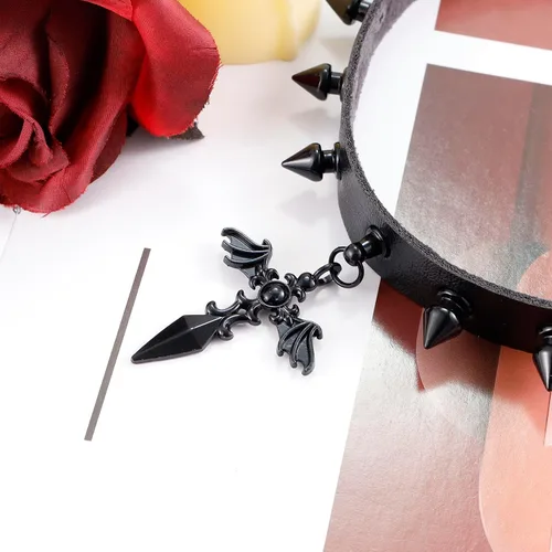 Miniatura 3 de MILAKOO Gargantilla punk negra gótica con remaches para mujeres y hombres con dije de cuero