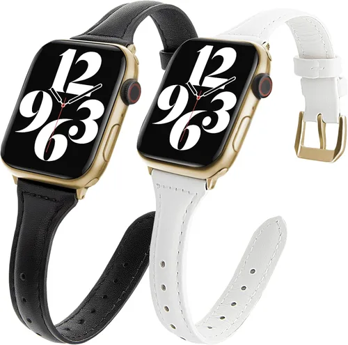 Miniatura 19 de 2 paquetes de correas delgadas de cuero genuino compatibles con Apple Watch de 38mm 40mm 41mm 42mm 44mm 45mm 49mm, correas delgadas de cuero de capa