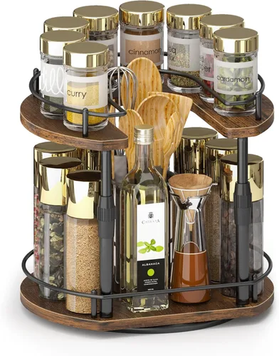 Miniatura 9 de Across-Star Organizador Lazy Susan para Especias, Organizador de Especias Giratorio Ajustable de 3 Niveles para Gabinete de Marrón rústico