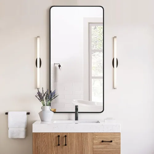 Miniatura 10 de LEDLUX Espejo de baño negro de 24 x 32 pulgadas, espejo sin cobre, marco de metal, espejo rectangular montado en la pared, espejo moderno