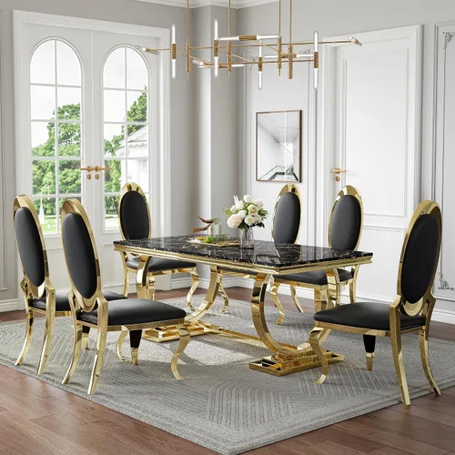 Miniatura 41 de Juego de mesa de comedor de mármol de 70 pulgadas para 6, mesa de cocina grande y sillas de cuero negro, mesas de comedor modernas negras y doradas