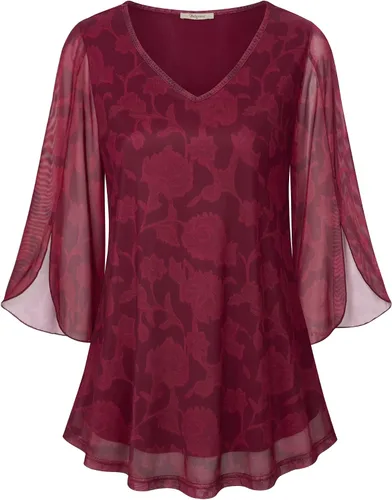 Bebonnie - Blusas tipo túnica para mujer, con manga 34 con volantes, cuello en V, de malla de doble capa y corte holgado