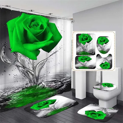 Miniatura 17 de Juego de baño Blue Rose con cortina de ducha y alfombras antideslizantes, tapete de baño, cubierta para tapa de inodoro y 12 ganchos fuertes