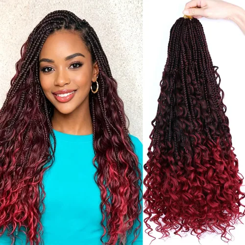 Miniatura 30 de LMZIM 18 Pulgadas Trenzas de Caja Bohemias 8 Paquetes Trenzas de Caja de Diosa Bohemia Cabello de Ganchillo con Puntas Rizadas Cabello de Ganchillo