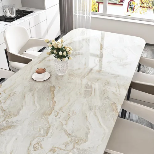 Miniatura 10 de Papel de contacto de mármol beige y plateado brillante para encimeras, papel tapiz de despegar y pegar para gabinetes, película de vinilo para baño