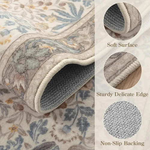 Miniatura 4 de Beeiva Alfombra Lavable para Pasillo 2x6 pies - Beige Vintage Resistente a Manchas Alfombra Floral para Cocina, Alfombras Bohemias