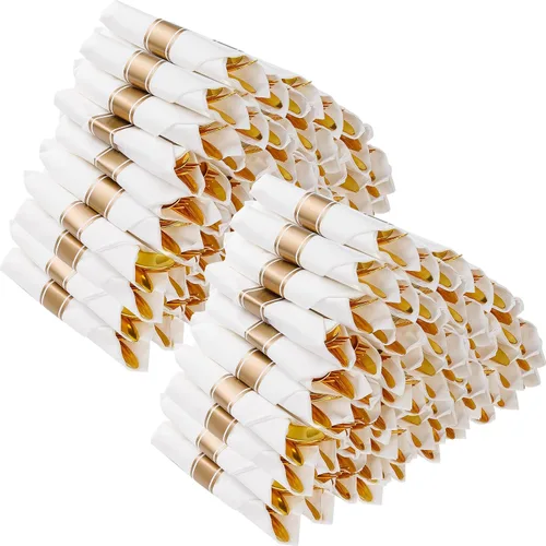 Miniatura 8 de Goodluck Paquete de 50 cubiertos de plástico color oro rosa preenrollados, juego de cubiertos de plástico envuelto con servilleta incluye 50