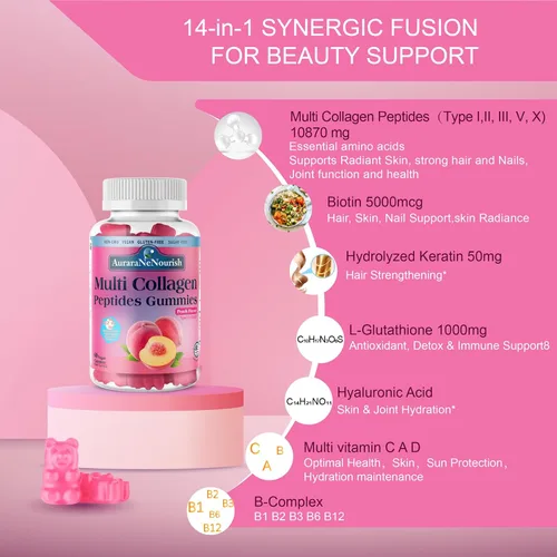 Miniatura 3 de Gomitas de péptidos de colágeno múltiple, sin azúcar, hidrolizadas, 5000 mg de proteína, tipo I, II, III, V, X, con biotina, ácido hialurónico