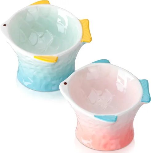 Miniatura 9 de Tioncy 2 cuencos elevados de cerámica inclinados para gatos con forma de pez, lindo plato elevado inclinado en ángulo poco profundo, comedero Verde