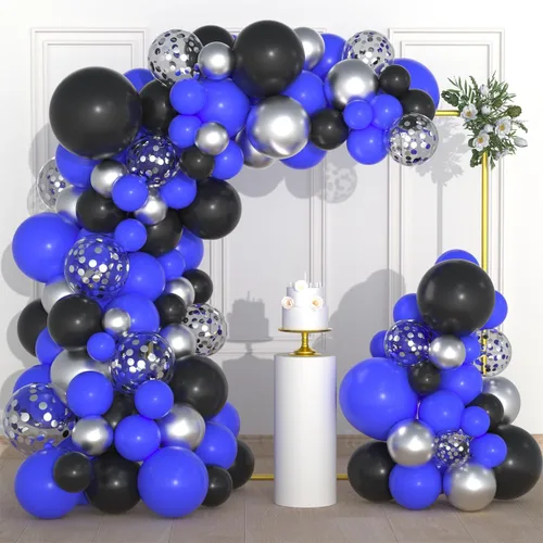 Miniatura 23 de Guirnalda de arco de globos azul real, negro, plateado y blanco, globos de confeti plateado metálico azul, negro, blanco, globo de videojuegos