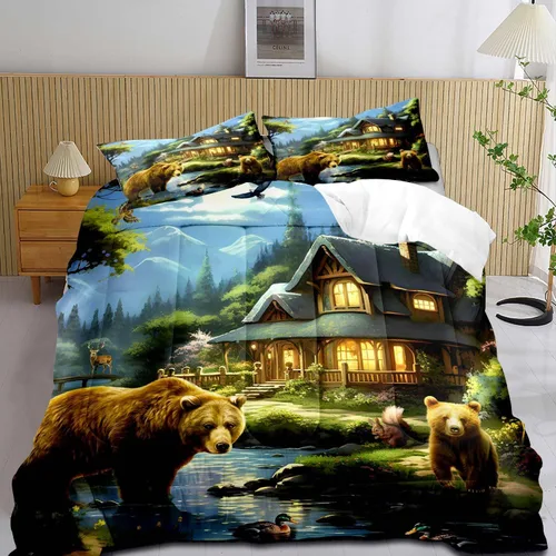 Miniatura 11 de LUVIVIHOME Juego de edredón de 3 piezas con diseño de osos negros y ciervos tamaño King, con estampado de alces, alces, patos Mallard, animales Oso