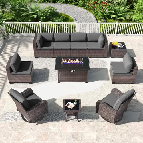 Miniatura 16 de Kullavik Juego de 13 muebles de patio al aire libre con mesa de fogata de gas propano de 43 pulgadas, 55000 BTU, mimbre de polietileno, sofá Arena
